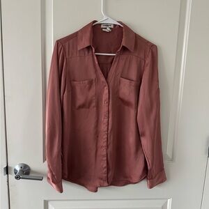 Pink Satin Slim Portofino Button-Up Blouse